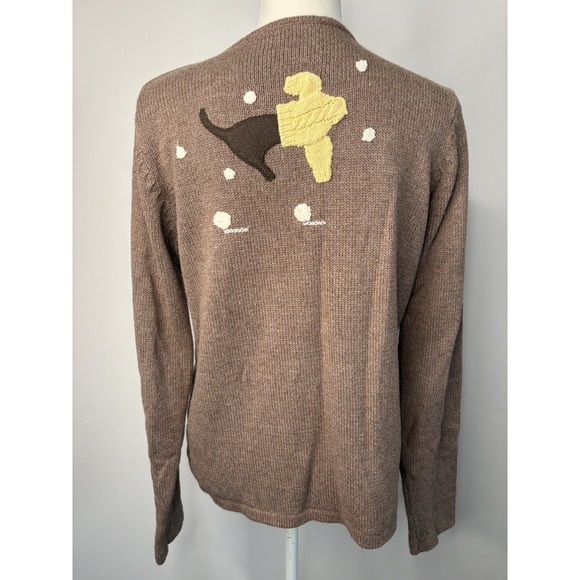 Crazy Horse Liz Claiborne Petite L Brown Full-Zip Sweater Snow Embroidered Dogs - Picture 3 of 11